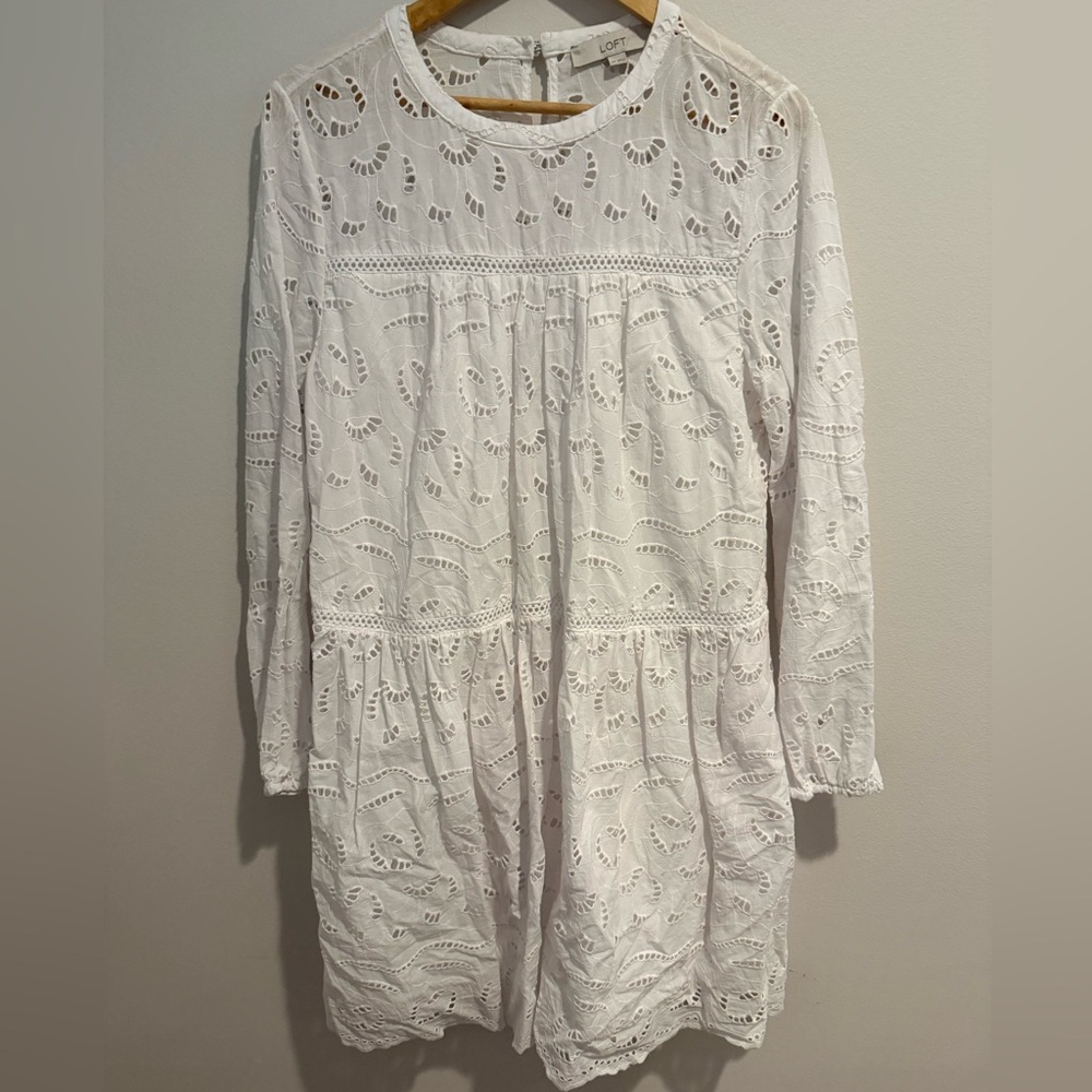 Loft White Eyelet bridal Lace Mini Dress Boho Cottagecore Scallop Hem Large Tall - Picture 3 of 15